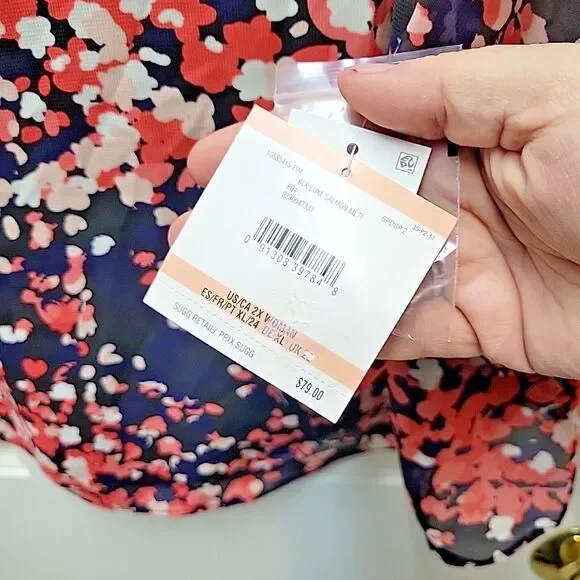 Kasper Plus Size Women's Ruffled Cuff 3/4-Sleeve Top Navy Black Coral 2X NEW - Picture 9 of 10